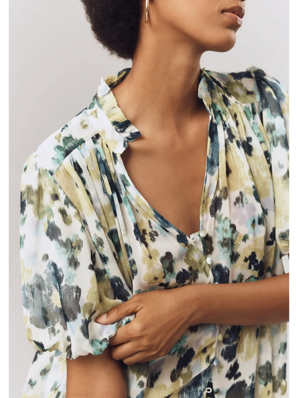 NWT The Estela Sheer Printed Blouse: Short Sleeve Edition Blue Floral SP Boho